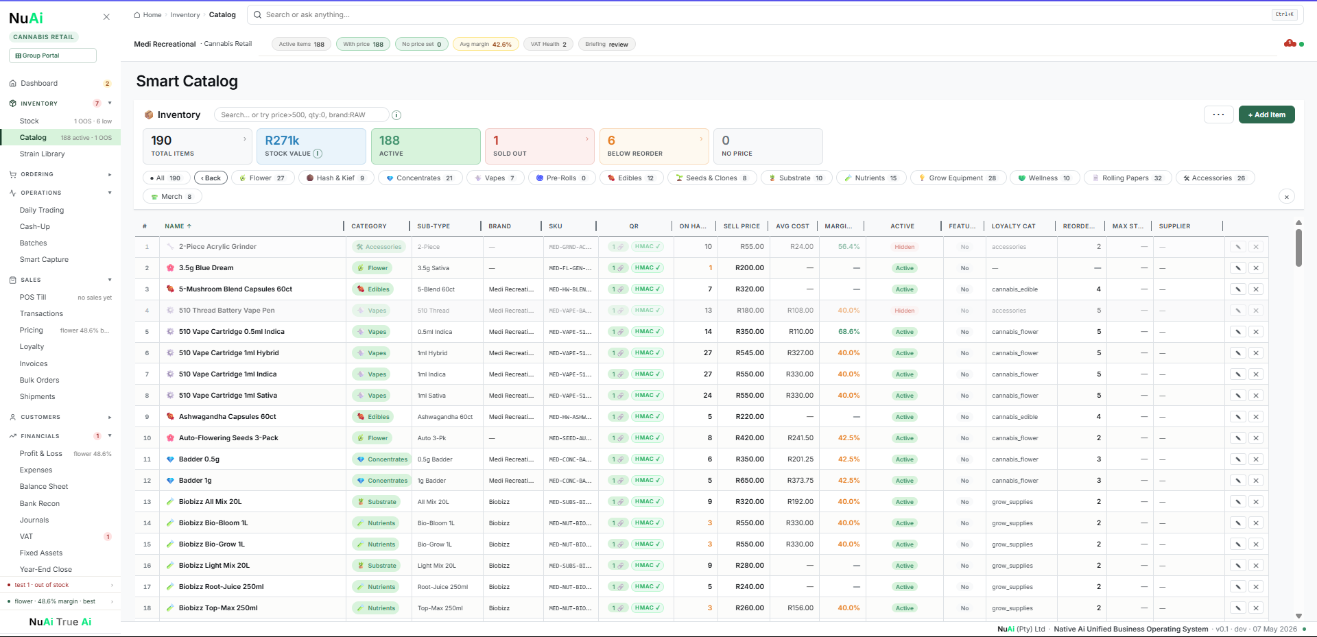 Smart catalog — 188 active items shown in a populated table with category facets, AVCO margins, HMAC-signed QR codes, sub-type granularity, and stock health indicators